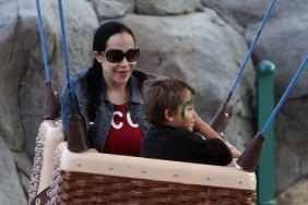 Nadya Suleman, denim jacket, red tshirt, sunglasses